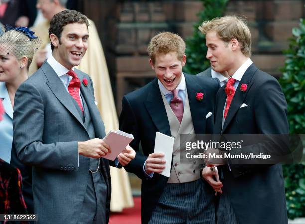 Hugh van Cutsem, Prince Harry and Prince William attend the wedding of Edward van Cutsem and Lady Tamara Grosvenor at Chester Cathedral on November...