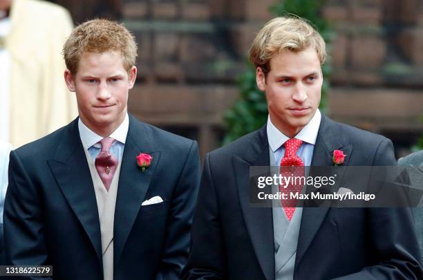 Prince Harry and Prince William attend the wedding of Edward van Cutsem and Lady Tamara Grosvenor at Chester Cathedral on November 6, 2004 in...