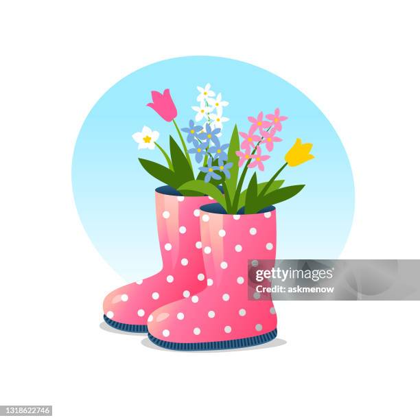 rubber boots with spring flowers - hyacinth stock illustrations