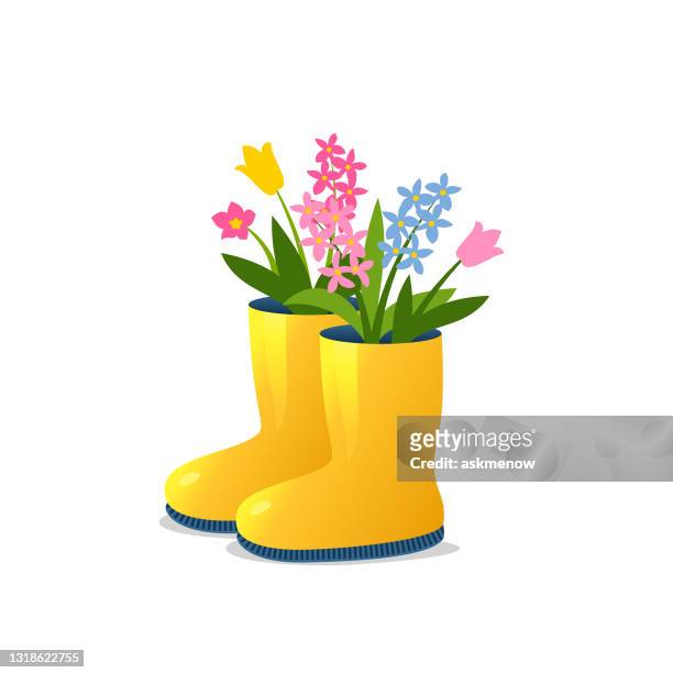 rubber boots with spring flowers - boot vector stock illustrations