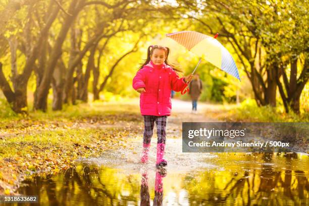 girl with umbrella standing in rain - girl shower stock-fotos und bilder