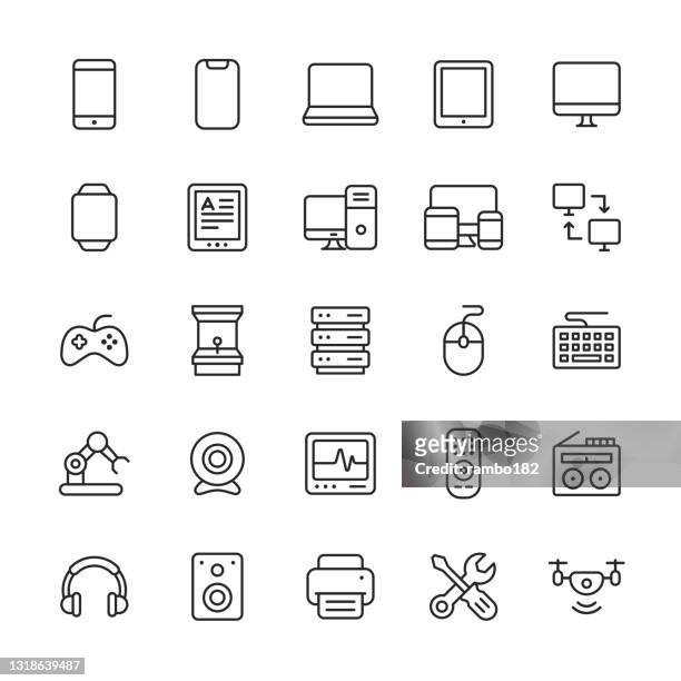 devices line icons. editable stroke. pixel perfect. for mobile and web. contains such icons as artificial intelligence, camera, computer, database, drone, headphones, laptop, monitor, pc, smartphone, smartwatch, tablet, video game, virtual reality. - video arcade game stock illustrations