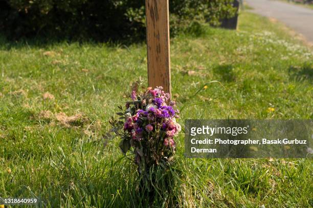 flowers left by a tombstone in a graveyard - funeral grief flowers stock-fotos und bilder