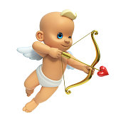 Cupid in front of big red heart, love and Valentine's day symbol. Cupid shooting arrow, isolated on white background 3d rendering