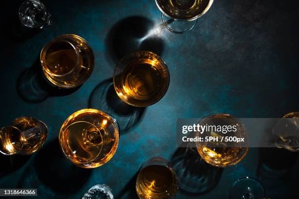 directly above shot of drinks on table - grappa imagens e fotografias de stock