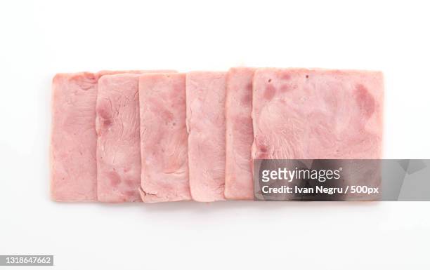 close-up of meat against white background - jamón fotografías e imágenes de stock