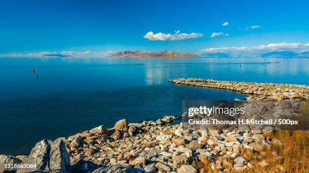 scenic view of sea against blue sky,united states,usa - ilha de antelope imagens e fotografias de stock
