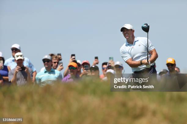 Rory McIlroy of Northern Ireland plays a shot during a practice round prior to the 2021 PGA Championship at Kiawah Island Resort's Ocean Course on...