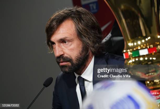Head coach of Juventus Andrea Pirlo speaks with the media during an Juventus press conference ahead of the TIMVISION Cup Final between Atalanta BC...