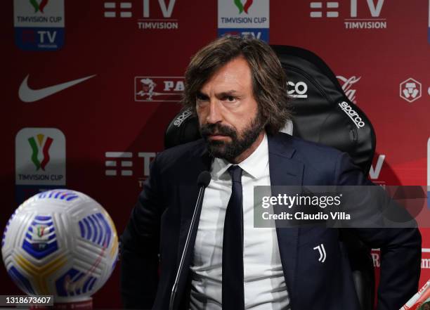 Head coach of Juventus Andrea Pirlo speaks with the media during an Juventus press conference ahead of the TIMVISION Cup Final between Atalanta BC...