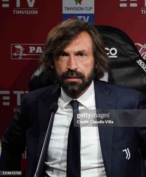 Head coach of Juventus Andrea Pirlo speaks with the media during an Juventus press conference ahead of the TIMVISION Cup Final between Atalanta BC...