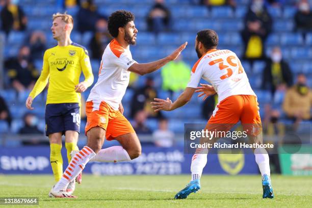 Ellis Simms of Blackpool celebrates with Kevin Stewart after scoring their side's second goal during the Sky Bet League One Play-off Semi Final 1st...