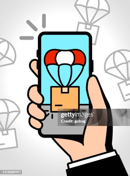 fast delivery concept for mobile app - man receiving package stock illustrations