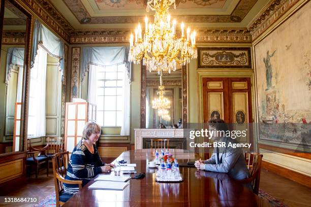 Informateur Mariette Hamer is seen talking to GroenLinks leader Jesse Klaver in the Tweede Kamer building during the next round of information talks...