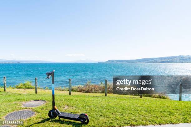 ein scooter auf dem seeuferrasen des lake taupo, north island, neuseeland - taupo stock-fotos und bilder