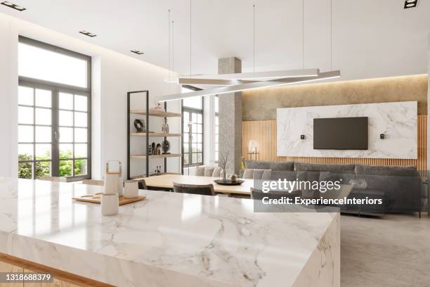 modern open plan apartment interior - kitchen counter stock pictures, royalty-free photos & images