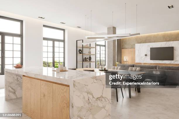 modern open plan apartment interior - marbled effect stock pictures, royalty-free photos & images