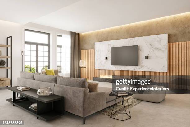 modern lägenhet vardagsrum interiör - stereo bildbanksfoton och bilder