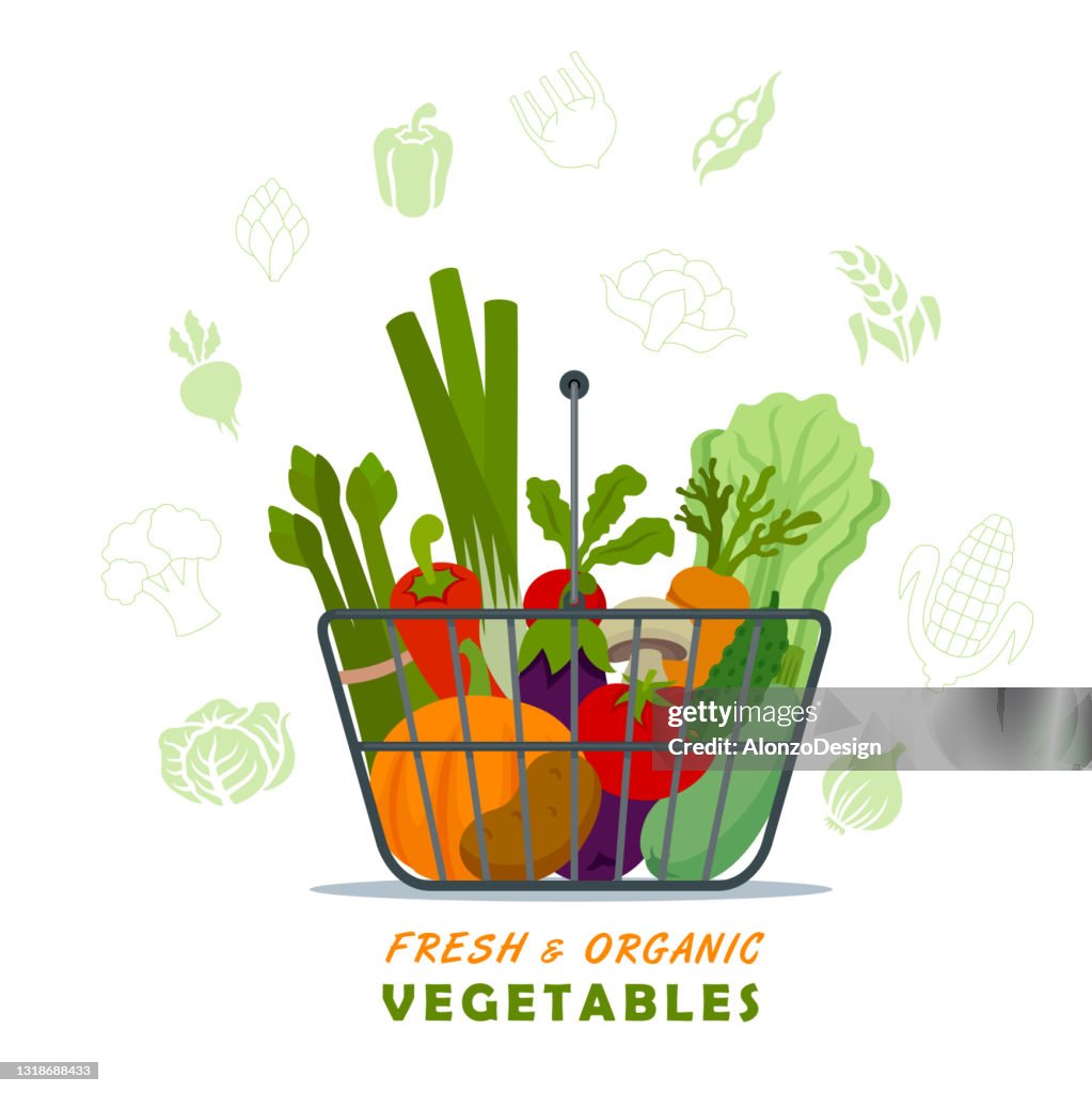 Vegetais frescos e orgânicos na cesta de compras.