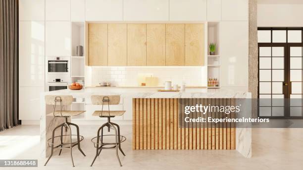 modern apartment kitchen interior - kitchen wide stock pictures, royalty-free photos & images