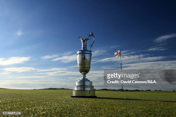 The Claret Jug photographed on the 10th green at the host venue for the The Open to be held at Royal St George’s Golf Club on May 18, 2021 in...