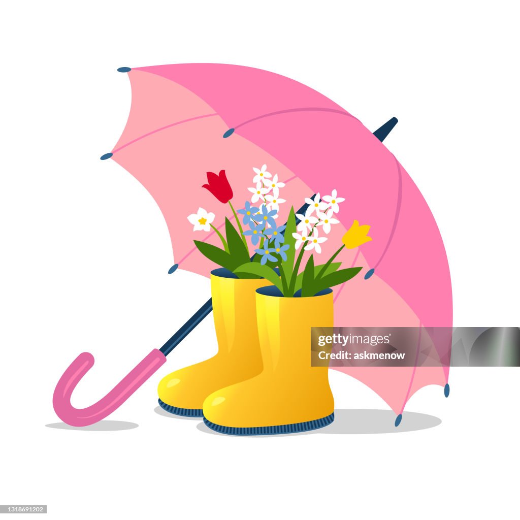 Ombrello e stivali con fiori primaverili