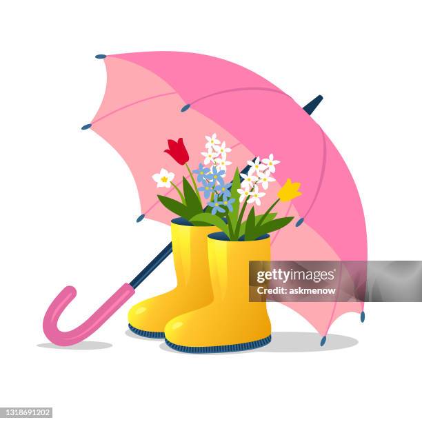 umbrella and boots with spring flowers - boot stock illustrations