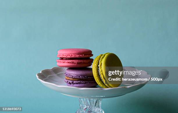 close-up of macaroons in plate on table,united states,usa - serving dish stock-fotos und bilder