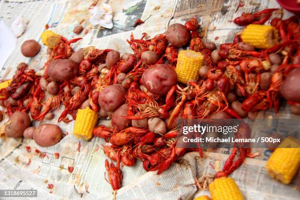 high angle view of vegetables for sale at market stall,amite city,louisiana,united states,usa - crayfish stock pictures, royalty-free photos & images