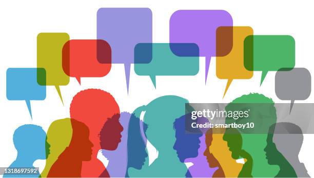 group discussion with speech balloons - group discussion stock illustrations