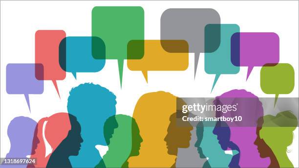 group discussion with speech balloons - overlapping silhouettes stock illustrations