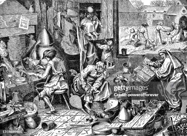 ilustraciones, imágenes clip art, dibujos animados e iconos de stock de el alquimista por pieter brueghel el joven - siglo 16 - alchemy