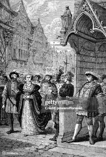 anne boleyn walking the streets in london, england - 16th century - tudor women stock illustrations