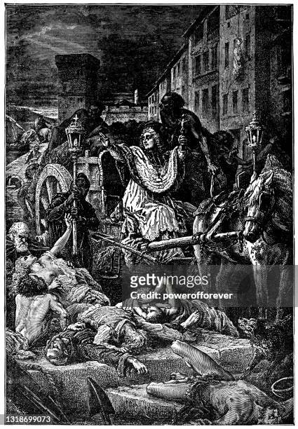 the black death (bubonic plague) in avignon, france - 14th century - epidemie stock illustrations