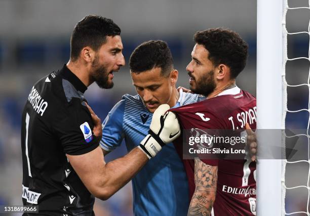 Thomas Strakosha of SS Lazio grabs Torino FC player Antonio Sanabria's shirt during the Serie A match between SS Lazio and Torino FC at Stadio...