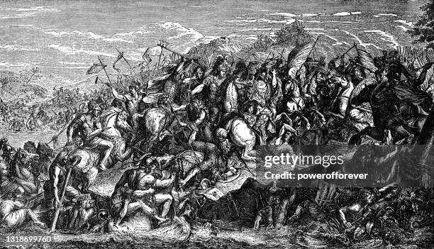 persian army charging the spartan army at the battle of thermopylae - 5th century bc - battlefield stock illustrations