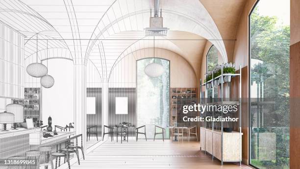 leere große retro-restaurant-bar mit tischen und barhockern halb blaupause halb 3d gerendert bild - bleistiftzeichnung stock-fotos und bilder