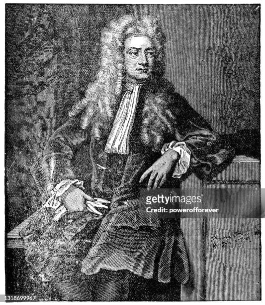 portrait of sir isaac newton by sir godfrey kneller - 18th century - stars portrait session stock illustrations