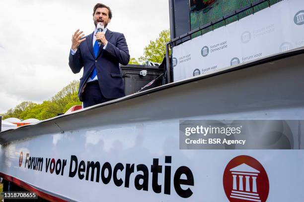 Forum voor Democratie leader Thierry Baudet is seen during a so-called Freedom Caravan political rally on the Malieveld on May 16, 2021 in The Hague,...