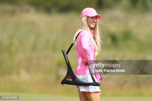 Justine Reed, wife of Patrick Reed of the United States, looks on during a practice round prior to the 2021 PGA Championship at Kiawah Island...