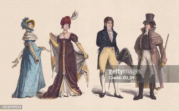 19th century, women's and men's clothes, hand-colored woodcut, published c.1880 - tail coat stock illustrations