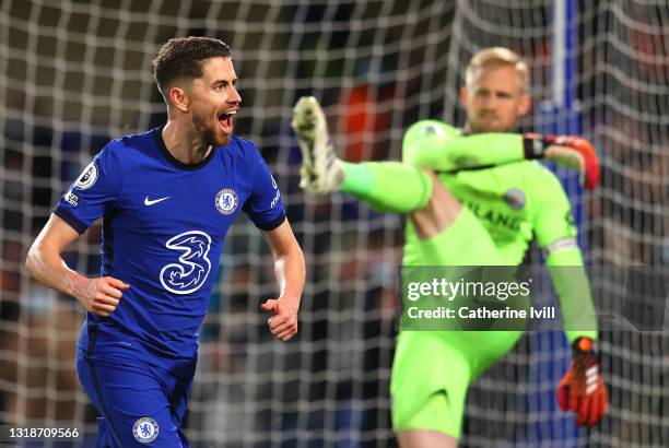 Jorginho of Chelsea celebrates after scoring their sides second goal from the penalty spot during the Premier League match between Chelsea and...