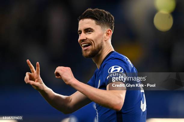 Jorginho of Chelsea celebrates after scoring their sides second goal from the penalty spot during the Premier League match between Chelsea and...