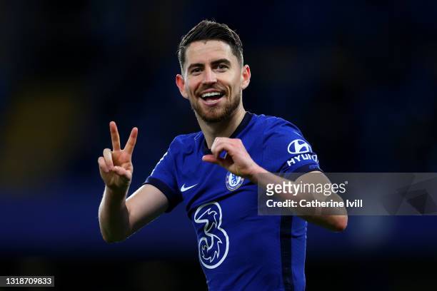Jorginho of Chelsea celebrates after scoring their sides second goal from the penalty spot during the Premier League match between Chelsea and...