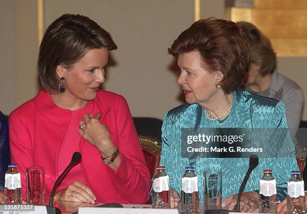 Princess Mathilde of Belgium and Madame Vaira Vike-Freiberga attend a conference dealing with "Vulnerable children on the run" at the Royal Palace on...