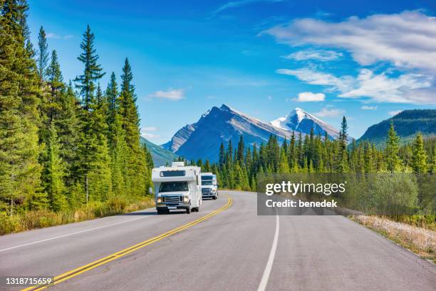 rv canadian rockies alberta canada motor homes - camper van stock pictures, royalty-free photos & images