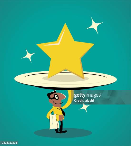 ilustrações, clipart, desenhos animados e ícones de empresário sorridente carregando um prato enorme com uma grande estrela sobre ele - garçom