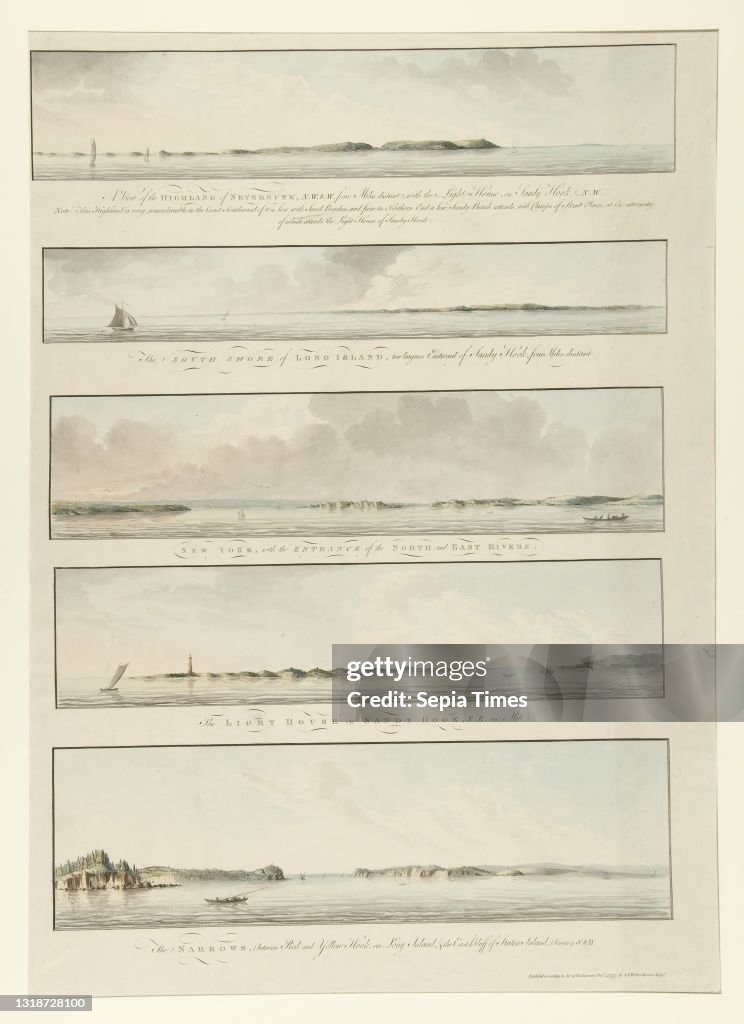 Artist: Joseph Frederick Wallet Des Barres, British, born Switzerland, 1729–1824, Five views from Atlantic Neptune Magazine: A View of the Highland of Neversunk …; The South Shore of Long Island …; New York …; The Lighthouse on Sandy Hook …; The