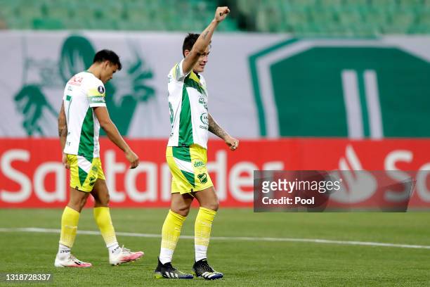 Matias Rodriguez of Defensa y Justicia celebrates after scoring the third goal of his team during a match between Palmeiras and Defensa y justicia as...