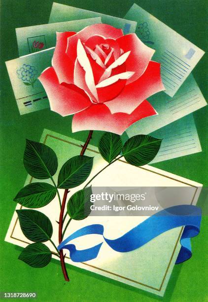 Postcard printed in the USSR shows draw by Markov - red rose on a background of envelopes and greeting cards, circa 1982.